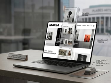 MACM museum website redesign on a laptop showing a dynamic scroll UI and digital art collection.