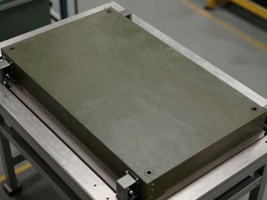 Overhead view of a defence composite armour panel specimen positioned on an inspection table, loading clamps visible at edges, neutral ambient light, no personnel present