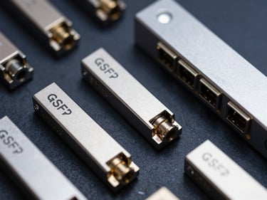 Close-up flat-lay of multiple optical transceiver modules arranged on a dark navy surface, QSFP-DD and OSFP form factors, polished metal casings reflecting a single overhead strobe, sharp focus on connector faces