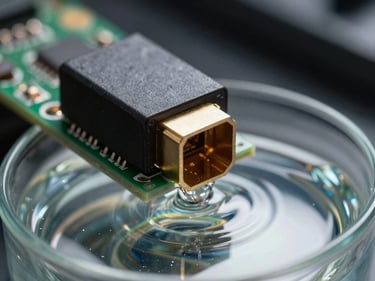 Macro detail of an optical transceiver module submerged in clear dielectric fluid for immersion cooling testing, bright directional light refracting through fluid surface, sharp focus on module housing and connector, dark background
