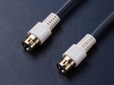 Overhead flat-lay of AOC active optical cable connectors and fiber bundle on a dark navy surface, bright studio strobe lighting revealing cable jacket texture and connector housing detail, no people