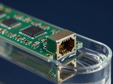 Close-up of an optical transceiver module partially submerged in clear dielectric fluid in a precision tank, component detail and connector face remain sharp, studio strobe reflecting off the fluid surface, deep navy background