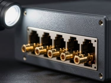 Macro studio shot of a loopback test module plugged into a switch port, gold connector pins visible, dark grey switch faceplate in background, single directional strobe from upper left creating sharp edge highlights