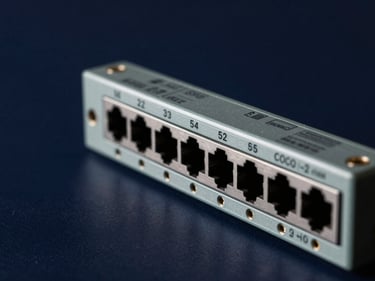 Close-up of a loopback module inserted into a network switch faceplate port row, directional lighting casting sharp shadows across the module body and port labeling, deep navy background, no people