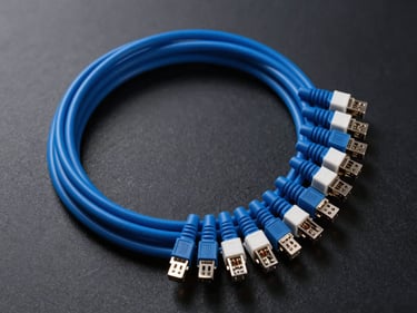 Overhead flat-lay of bundled active optical cables coiled on a dark surface, blue fiber jacket catching directional strobe light, connector ends fanned out to show LC and MPO terminations in sharp detail
