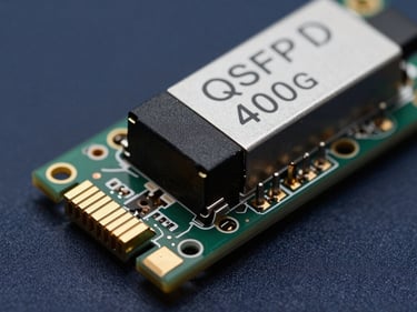 Extreme macro close-up of a QSFP-DD 400G optical transceiver module on a flat surface, connector pins in sharp focus, deep navy background, bright directional studio lighting emphasizing the gold-plated connector edge and module label detail