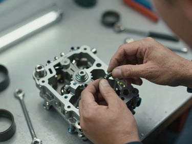 Close-up overhead shot of a mechanic's hands fastening a bolt on an engine component, precision tools visible on a clean workshop bench, even fluorescent lighting, no people's faces