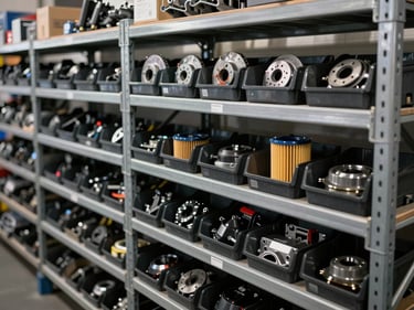 Straight-angle shot of organized automotive parts bins on metal shelving in a well-lit warehouse, labeled compartments with brake components and filters visible, no people