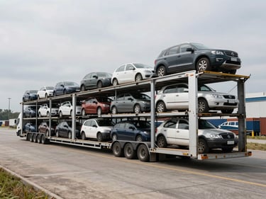 Wide straight-angle shot of a transport car carrier loaded with vehicles in a logistics yard, neutral overcast daylight, no people, vehicles parked in orderly rows