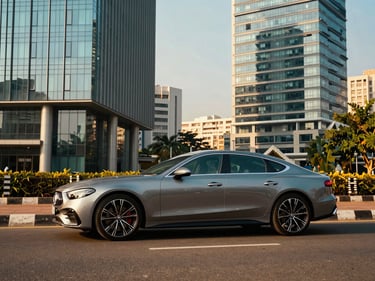 A sleek luxury car parked near the modern glass buildings of HITEC City in Hyderabad, golden hour lighting, rich saturated tones