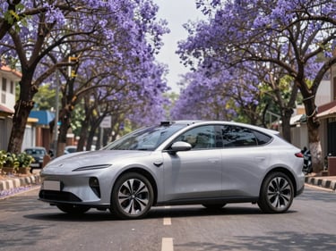 An electric hatchback parked on a clean street with blooming purple jacaranda trees in Bangalore, soft sunlight, crisp detailing