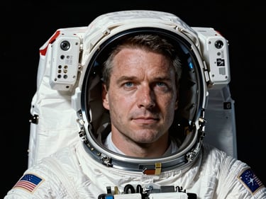 Close-up portrait of astronaut Reid Wiseman in a white NASA flight suit, looking confident, stark black background, dramatic key lighting.