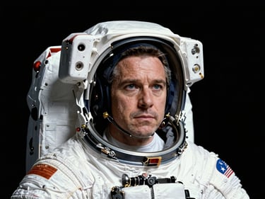 Close-up portrait of astronaut Jeremy Hansen in a white NASA flight suit, looking resolute, stark black background, dramatic key lighting.