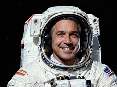 Close-up portrait of astronaut Victor Glover in a white NASA flight suit, smiling warmly, stark black background, dramatic key lighting.