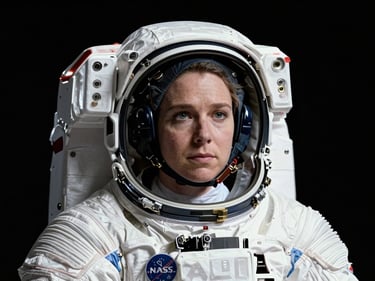 Close-up portrait of astronaut Christina Koch in a white NASA flight suit, looking forward, stark black background, dramatic key lighting.