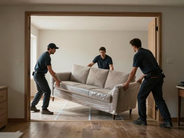 Wide environmental shot of movers carefully tilting a wrapped sofa through a doorway, protective floor runners visible, interior space with neutral walls, even ambient light