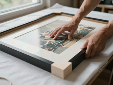 Close-up of hands wrapping a framed artwork in thick padded moving blanket on a flat surface, natural daylight from a side window, protective foam corner visible at frame edge
