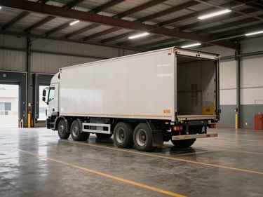 Wide shot of a warehouse loading bay, a single moving truck backed into the bay with its cargo doors open, empty interior visible, soft diffused industrial lighting, organized floor markings