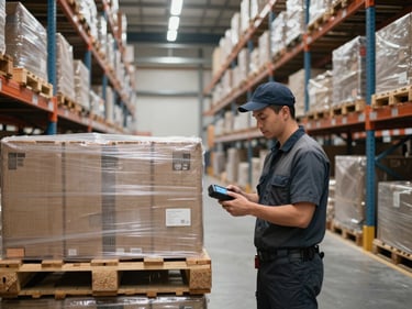 Interior of a large logistics warehouse in daylight, a worker scanning pallets with a handheld device, shelving racks receding into the background