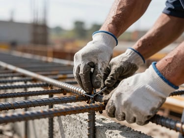 Close-up of a worker's gloved hands fastening rebar on a construction site, concrete forms visible in soft focus behind, natural daylight from above