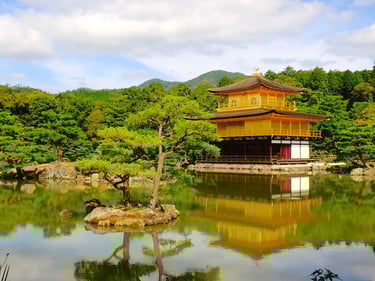 a golden temple in the middle of a lake