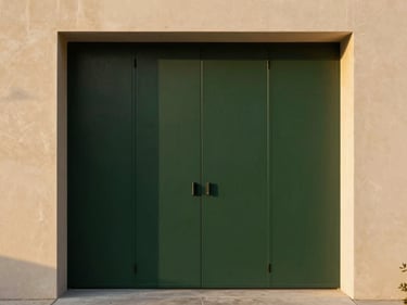 Minimalist modern residential estate entrance, clean lines, symmetrical framing, golden hour