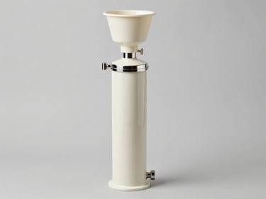 Three-quarter angle studio shot of a cylindrical protein skimmer column with collection cup on top, PP body in off-white, stainless fittings visible, bright even studio lighting, isolated on light grey background