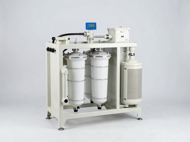 Wide-angle studio shot of a complete integrated filtration system unit — drum filter, bio-filter chamber, and skimmer assembled as a single modular block, PP off-white body, pipe connections labeled, bright even lighting, isolated on light grey