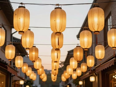 Charming seasonal celebration street, warm glowing custom paper lanterns suspended overhead, cozy golden hour atmosphere