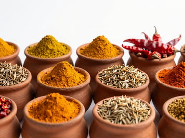 Vibrant Indian spices (turmeric, cumin, red chili) in small clay pots, bright natural daylight, rich organic tones, high detail, 35mm