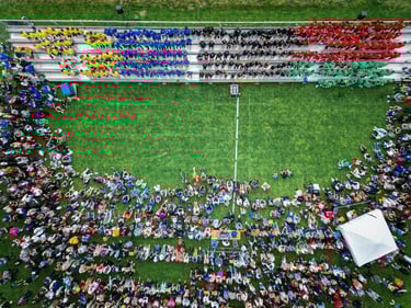 a soccer field with a soccer field and a crowd of people