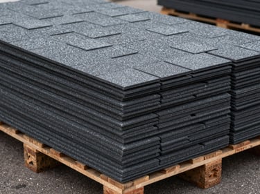 Close-up of layered roofing shingles stacked on a pallet in a material yard, overcast daylight showing surface texture and product depth of stock