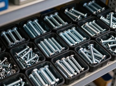 Overhead close-up of organized hardware fasteners — hex bolts, lag screws, anchor sets — arranged in sorted bins on a steel shelf under cool warehouse light