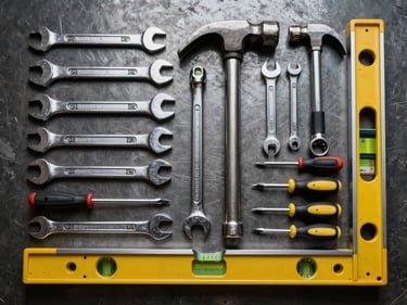 Overhead catalog shot of organized hand tools on a dark steel surface — wrench, hammer, level, and screwdriver set arranged in geometric rows, studio strobe lighting revealing metal texture and machined surfaces