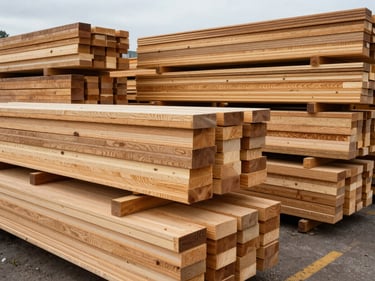 Wide shot of a lumber yard section showing organized stacks of dimensional lumber and engineered wood panels, overcast daylight revealing grain texture and stock depth