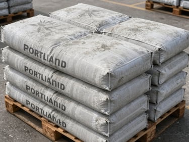 Overhead catalog shot of Portland cement bags stacked on a pallet, overcast daylight, bags showing texture and dust, industrial yard context