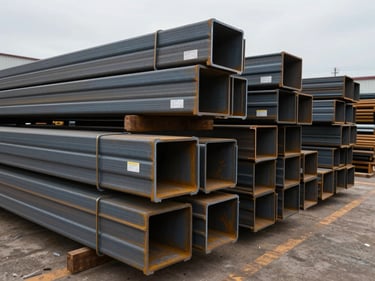 Wide shot of structural steel W-sections and HSS tubing racked in a material yard, overcast daylight, labels visible on ends, organized rows receding into depth