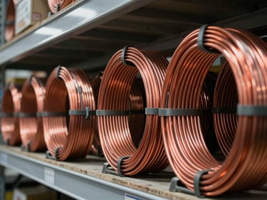 Close-up of bundled electrical conduit and copper wire coils on a warehouse shelf, cool overhead fluorescent light revealing material sheen and organized stacking depth