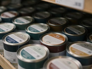 Close-up of paint can lids in deep industrial tones arranged on a warehouse shelf, cool north-light catching the metallic rim edges and label detail