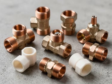 Overhead catalog-style shot of copper pipe fittings, valves, and PVC connectors arranged on a grey concrete surface under studio strobe, sharp focus on threaded detail