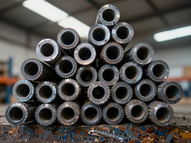 Close-up of bundled structural rebar ends viewed head-on, circular cross-sections in tight geometric array, cool warehouse fluorescent lighting casting metallic reflections, honest industrial framing
