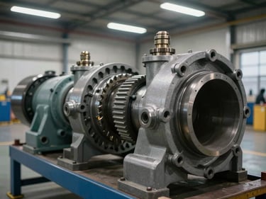 Close-up of heavy industrial equipment components — gear housings, hydraulic fittings, and mechanical hardware — on a loading dock floor under cool warehouse fluorescent light