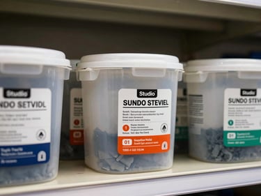 Studio strobe close-up of admixture containers and grout bags on a shelf, sharp product labels in focus, neutral background, precise lighting revealing packaging texture