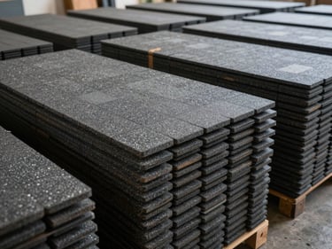 Wide-angle shot of stacked roofing shingle bundles on warehouse floor, overcast north-light interior, granule texture visible on shingle surface, organized rows extending into background depth