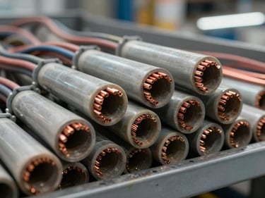 Close-up of electrical conduit ends and wire bundles in organized warehouse bin, cool fluorescent lighting, copper wire cross-sections visible, industrial framing showing material depth in background