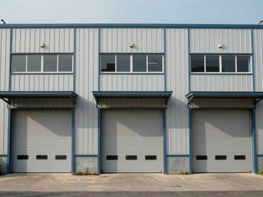 Exterior facade of a terrace factory unit in a JB industrial row, straight-on view, roller shutter doors closed, natural daylight, no people