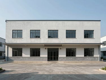 Straight-on exterior of a two-storey semi-detached factory in a JB industrial estate, daylight, clean concrete facade, no signage or people