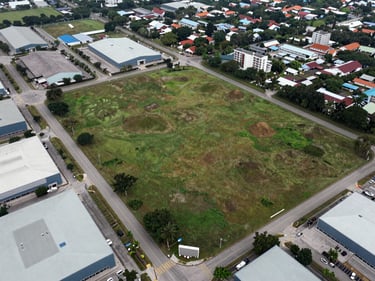 Wide drone aerial of a rectangular land lot in Johor Bahru, surrounded by mature industrial estate, access road clearly visible, natural overcast light