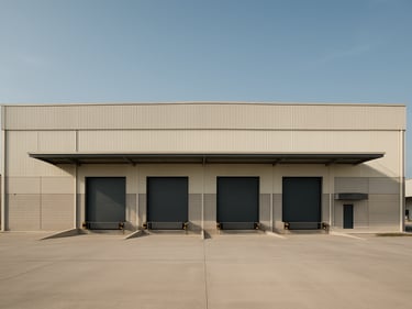 Straight-on wide-angle exterior of a large detached warehouse-factory in a Johor Bahru logistics park, clear sky, loading bays visible, no people