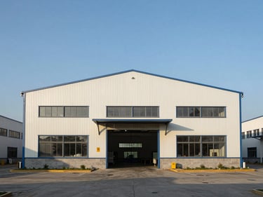 Straight-on facade of a single-storey detached factory building in a JB industrial park, clear sky, natural daylight, no people
